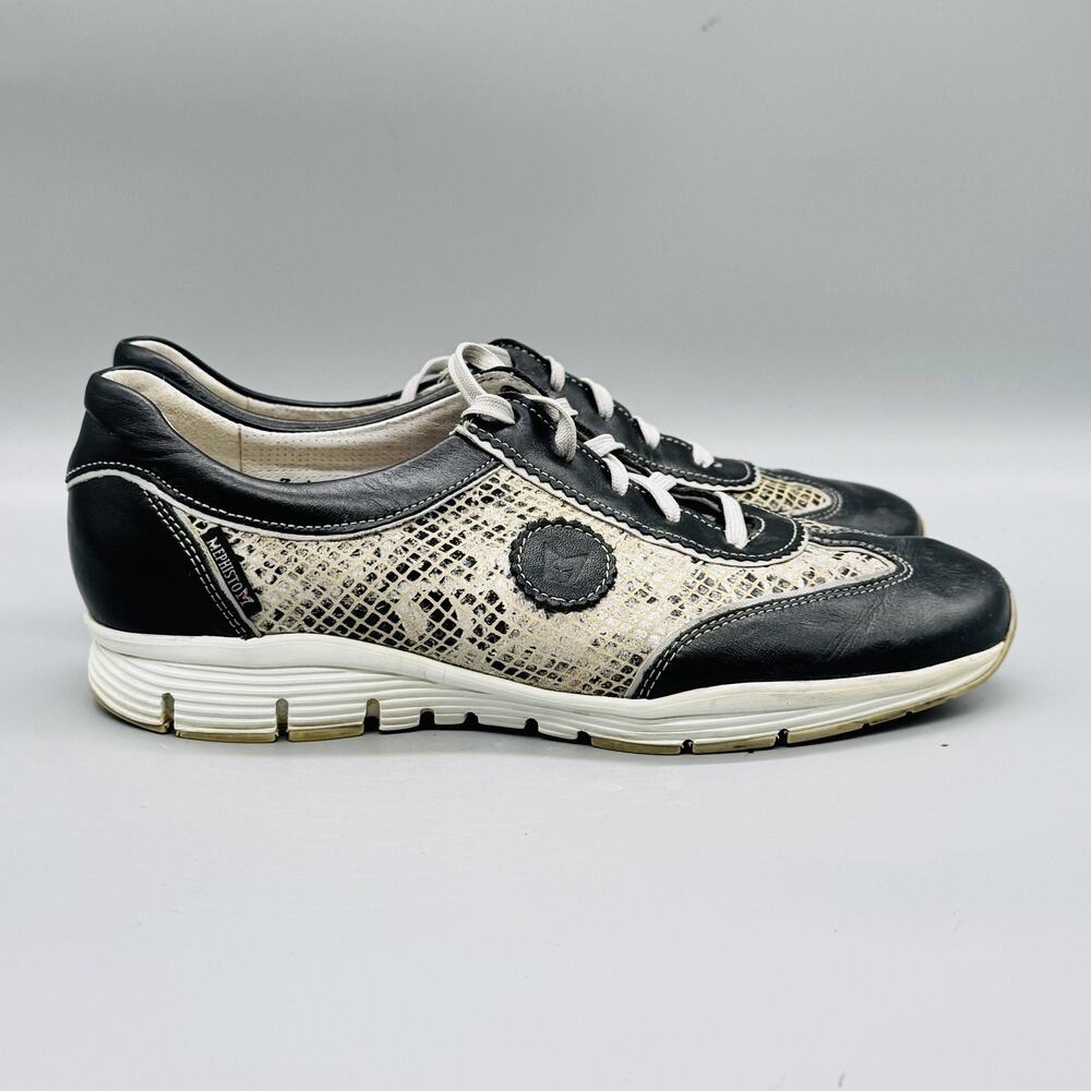 Mephisto Shoes Women 8 Black Leather Runoff Animal Print Walking Sneaker Comfort